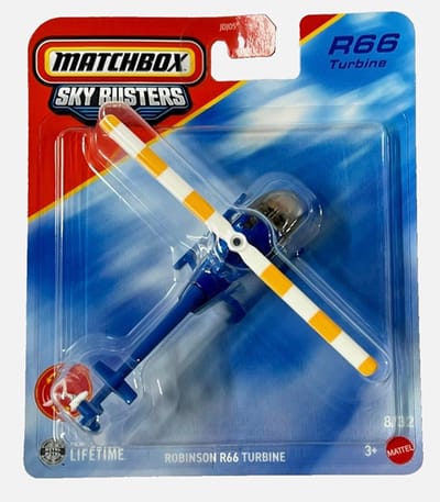 SKY BUSTERS ROBINSON R66 TURBINE HELICOPTER 25/32 MATCHBOX 1:64 METAL LONG CART 2025