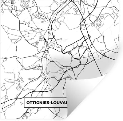 Muurstickers - Sticker Folie - Stadskaart – Plattegrond – België – Zwart Wit – Ottignies Louvain la Neuve – Kaart - 100x100 cm - Plakfolie - Muurstickers Kinderkamer - Zelfklevend Behang XXL - Zelfklevend behangpapier - Stickerfolie