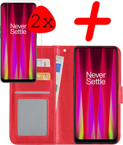 Hoesje Met 2x Screenprotector - Geschikt voor OnePlus Nord CE 2 - Luxe Pasjeshouder - Bookcase Portemonee - Flip Case - Kunstleer Book Case - Flipcase Hoes - Book Cover - Walletcase - Portemonneehoes - Rood