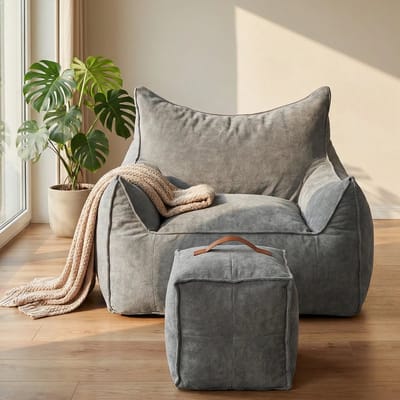 Puluomis - XXL Zitzak sofa - Fauteuil met Poef - Fleece - Sponsvulling - 100x95x65cm - Grijs
