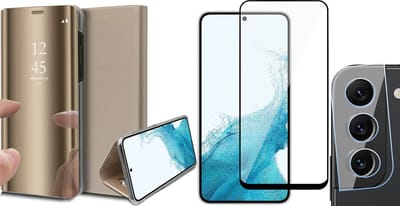Hoesje geschikt voor Samsung Galaxy S22 - Book Case Spiegel Wallet Cover Hoes Goud - Full Tempered Glass Screenprotector - Camera Lens Protector