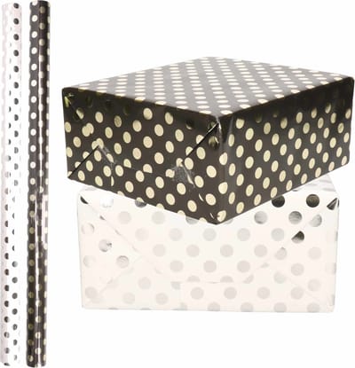 Luxe folie inpakpapier - 4x rollen - zilveren / gouden stippen pakket - wit/zwart - 200 x 70 cm - cadeau/kadopapier