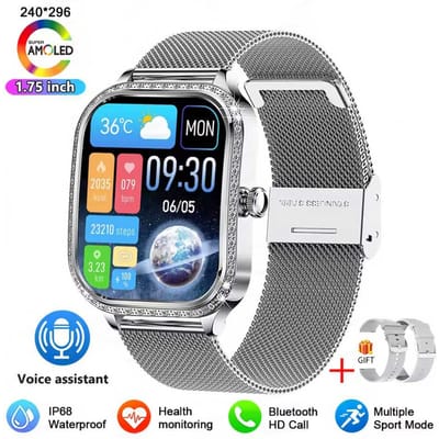 Vrouw Sport Fitness Smartwatch AI Spraakbesturing 1.75'' Volledig Touch Armband Bluetooth Bellen Waterdicht Mode Dames Smartwatch mesh belt zilver