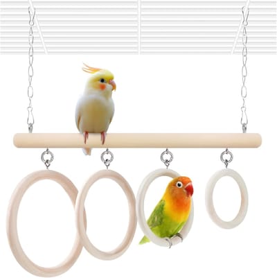 KZQ Vogelspeelgoed - Hangende ringen voor vogelkooien - Houten hangend vogelspeelgoed - Klimstokken - Ontwerp met vier ringen - Geschikt voor parkieten, grasparkieten, valkparkieten, dwergpapegaaien, kanaries en andere vinkensoorten.