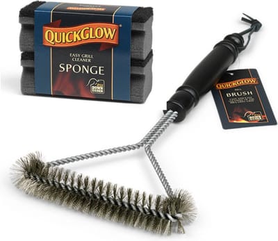 QuickGlow BBQ cleanerset Borstel- 3-hoekige BBQ borstel + BBQ sponzen