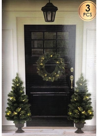 Kerstbomen en kerstkrans met LED - set van 3 stuks