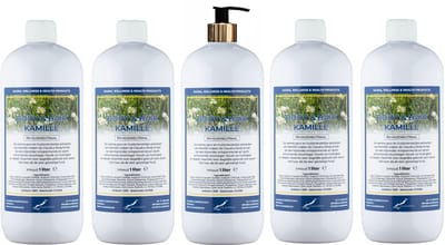 Body & Hair Kamille 1 liter met gouden pomp - set van 5 stuks - 2 in 1 voor lichaam en haar - voordeelverpakking