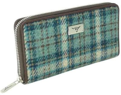 Dames Portemonnee Staffa Licht Blauw en Creme (Duck Egg and Cream) - Harris Tweed - muntvak met rits - Glen Appin of Scotland