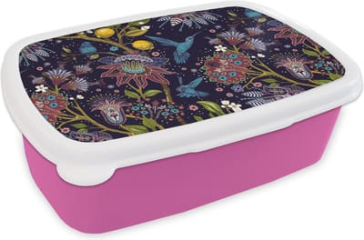 Broodtrommel Roze - Lunchbox - Brooddoos - Patronen - Vogel - Bloemen - 18x12x6 cm - Kinderen - Meisje