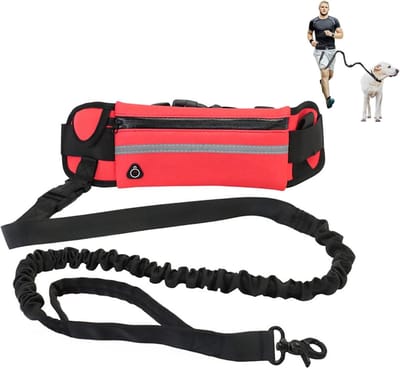 Hands Free Hondenriem Voor Hardlopen Wandelen, Hondenriem Met Verstelbare Bungee Taille En Buidel Voor Middelgrote Honden (Color : Rood)