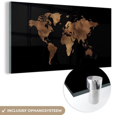 ® Glasschilderij 80x40 cm - Schilderij acrylglas - Wereldkaart - Leer - Bruin - Foto op glas - Muurdecoratie woonkamer - Wanddecoratie slaapkamer - Schilderijen