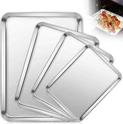Set van 4 RVS Bakplaten, Rechthoekige Ovenblikken, Makkelijk Schoon te Maken en Vaatwasserbestendig, Duurzame Bakbladen voor Koekjes en Gebak, Ideaal voor Koken en Bakken