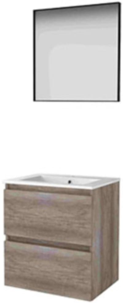 Basic-Line Framed 46 Badkamermeubelset - 60 x 46 cm - Greeploos - 2 Lades - Keramische Wastafel - 1 Kraangat - Spiegel met Zwart Aluminium Frame - Scotch Oak