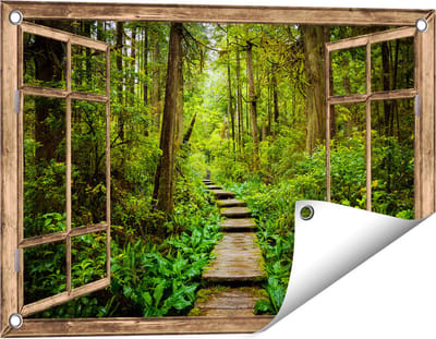 Gards Tuinposter Doorkijk Voetpad in het Bos met Groene Planten - 60x40 cm - Tuindoek - Tuindecoratie - Wanddecoratie buiten - Tuinschilderij