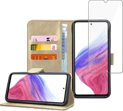 Geschikt voor Samsung A53 5G Book Case Hoesje - Screenprotector - Flip Portemonnee Goud met Screen Cover Tempered Glas
