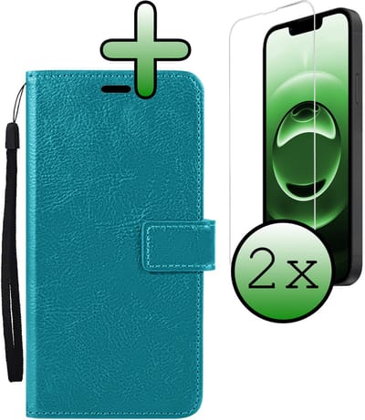 Hoesje Met 2x Screenprotector - Geschikt voor Apple iPhone 16e - Luxe Pasjeshouder - Bookcase Portemonee - Flip Case - Kunstleer Book Case - Flipcase Hoes - Book Cover - Walletcase - Portemonneehoes - Turquoise