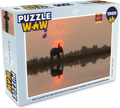 Puzzel Een olifant bij een rijstveld in Thailand tijdens een zonsondergang - Legpuzzel - Puzzel 1000 stukjes volwassenen