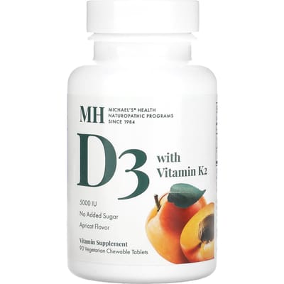 Michael's Naturopathic, met vitamine D3, vitamine K2, abrikozensmaak, 5.000 IE, 90 plantaardige kauwtabletten