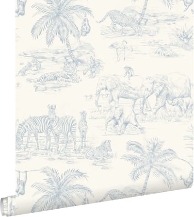 ESTAhome behang toile de jouy jungle lichtblauw en wit - 0.53 x 10.05 m - 132120