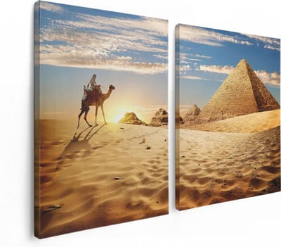 Artaza Canvas Schilderij Tweeluik Egyptische Piramides met een Kameel - 120x80 cm - Wanddecoratie Woonkamer - Schilderijen - Muurdecoratie