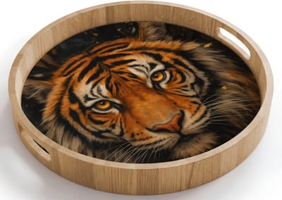 Dienblad rond 40x40 cm - Schootdienblad hout - Bladeren - Tijger - Oranje - Borrelplank rechthoek - Plateau houten dienbladen
