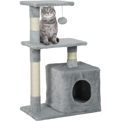 PawHut kattenboom hoogte cm, kattentoren met sisalpalen, 2 planken, nis, bal, pluche stof, multi-level, ideaal voor katten tot kg, donkergrijs