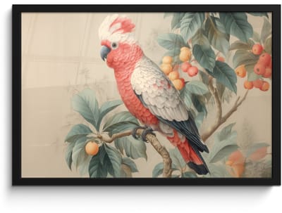 Poster in lijst - Fotolijst 60x40 cm - Posters - Roze kuifkaketoe - Tak met vruchten - Bladeren - Posterlijst zwart - Decoratie - Wanddecoratie woonkamer - Muurdecoratie slaapkamer