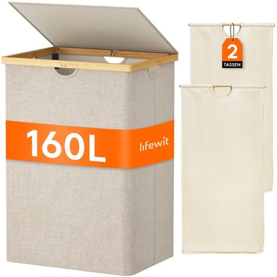 Dailygoody - Cwasmand met deksel - Opvouwbare wasverzamelaar - 2 vakken - Beige - Wassorteerder - Geschikt voor slaapkamer en bijkeuken