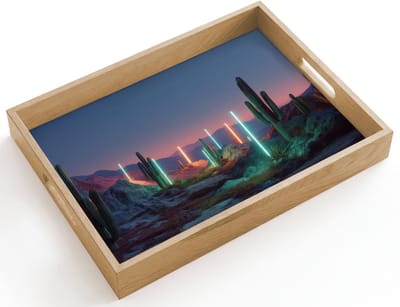 Dienblad hout 40x30 cm - Schootdienblad - Cactus - Lichtzuilen - Zonsondergang - Borrelplank rechthoek - Plateau dienbladen