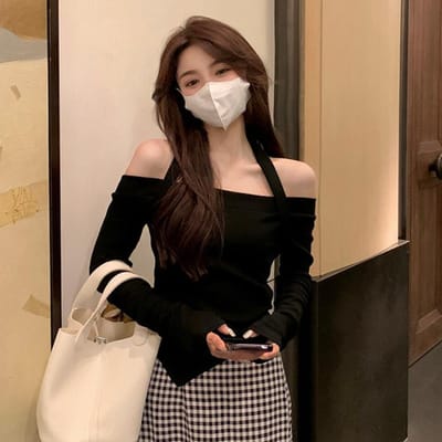 Nieuwe One-shoulder Top Koreaanse Versie Niche Spice Girl Stijl T-shirt Dames Hals Lange Mouw Basis Shirt Irregulair XL zwart