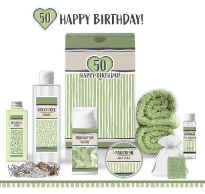 Geschenkset “50 Jaar Happy Birthday!” - 8 producten - 770 gram | Giftset voor haar - Luxe wellness cadeaubox - Verwen Cadeau vrouw - Gefeliciteerd Vijftig jaar - Gift Set Verjaardag - Geschenk Pakket - Cadeaupakket Feestje - Verjaardagscadeau - Groen