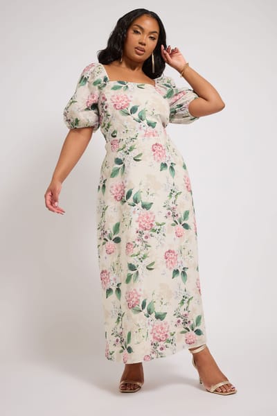 Yours London Midaxi Jurk Met Bloemenmotief En Vierkante Hals In Ivoor/Roze Size 42