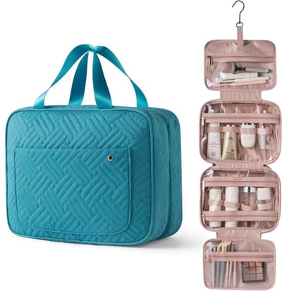 Ultiluxe® Luxe toilettas met ophang haak - Blauw/goud - Opberger toiletspullen - Make-up tasje ophangbaar - Voor op reis/vakantie - Grote makeup koffer - Beautycase, organizer voor dames, reistas - Waterbestendig - Opbergtas