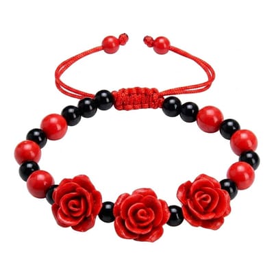 Rood zwarte kralen armband voor dames – verstelbare armband met rode rozen – bloem ontwerp