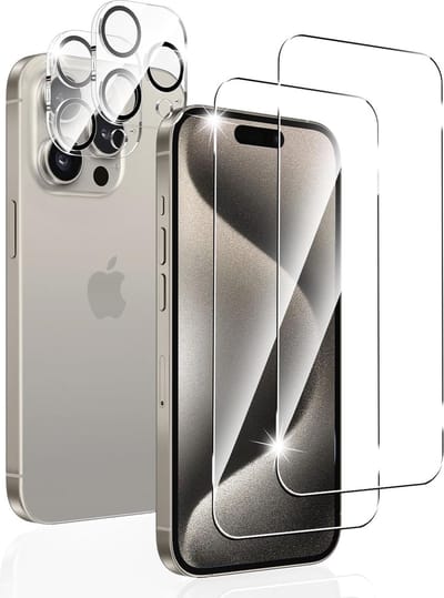 Glasplaatje Screen Protector 2x en Camera lens protector 2x / Tempered glass Screen protector Geschikt voor: iPhone 15 Pro - Beschermglas - Transparant