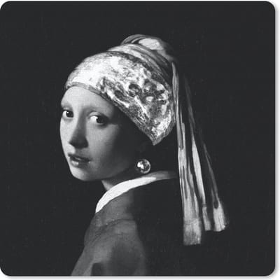 Muismat 20x20 cm - Mousepad Het meisje met de parel - Johannes Vermeer - Zwart - Wit - Muismatten