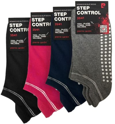 Pierre Cardin Dames Yoga Pilates Fitness Home Wellness Sokken - 4 Paar - Anti-Slip Sokken - Zwart/Grijs/Roze/Blauw - Maat 35/41