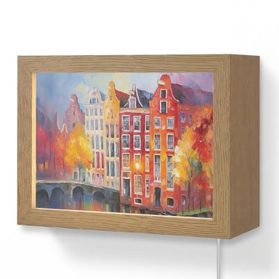 Wandlamp 20x15 cm - Oplaadbaar - Grachtenpanden - Kunst - Schilderij - Amsterdam - Wandlampen binnen woonkamer - Slaapkamer lamp met kabel - Decoratieve nachtlamp - Vloerlamp snoer