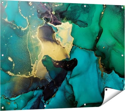 Gards Tuinposter Abstracte Kunst - Groen met Goud - 120x90 cm - Tuindoek - Tuindecoratie - Wanddecoratie buiten - Tuinschilderij