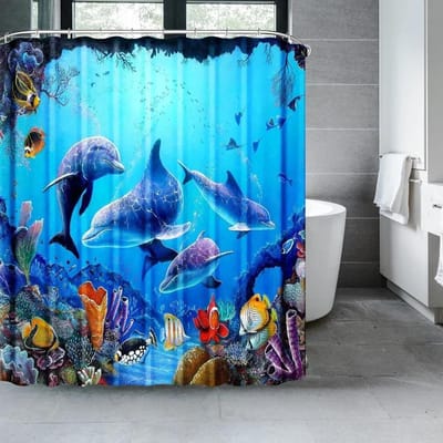 Ocean Underwater World Douchegordijnen Set Dolfijn Dier Vrolijk Zeeleven Landschap Polyester Stof voor Kinderen Badkamer Decor blue