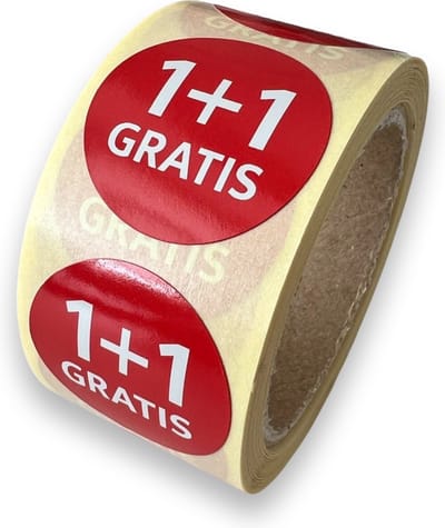 1+1 gratis sticker - reclame sticker - 250 Stuks - rond 25mm - korting sticker - promotie sticker - afprijs sticker - uitverkoop - aanbieding - wit - rood - food sticker - reclame-etiket - voedseletiket - HACCP sticker