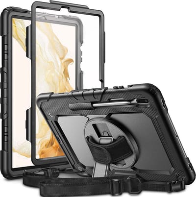 Hoes met ingebouwde Screenprotector | Geschikt voor Samsung Galaxy Tab S8 Plus | Inclusief Handriem en Schouderriem | Extreme bescherming | Ideaal voor zakelijk gebruik