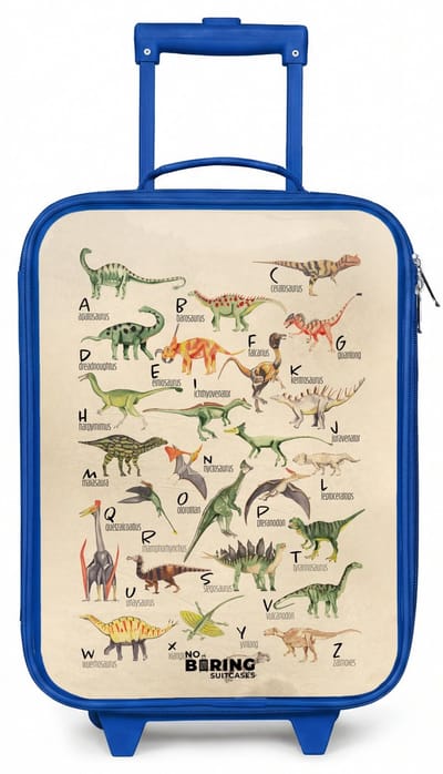 NoBoringSuitcases.com® - Kinderkoffer blauw - Kindertrolley jongen - Dino alfabet - Koffer kind lichtgewicht - Reiskoffer trolley voor kinderen - Koffertje met lichtgevende wieltjes - Rolkoffer