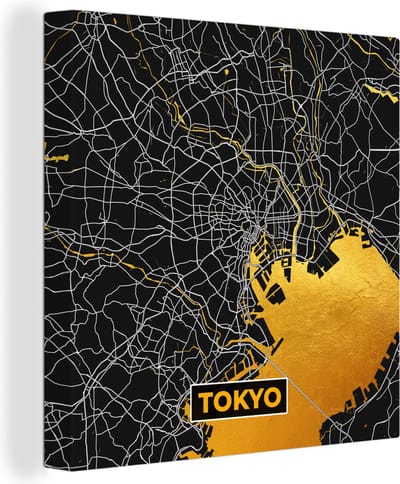 Canvas Schilderij Tokyo - Stadskaart - Goud - Plattegrond - Kaart - 20x20 cm - Wanddecoratie