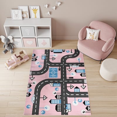 Tapiso Pinky Vloerkleed Kinderkamer Speeltapijt Kleed Stad Tapijt Maat- 80x150