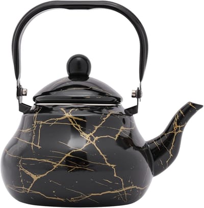 Kachel Waterkoker - Emaille Theepot - Water Koken - Snelle Warmtegeleiding - 2 Liter - Zwart Marmering