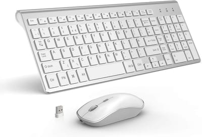 Draadloos Toetsenbord en Muis Set, Oplaadbare Volledig Formaat QWERTY Zilver Wit