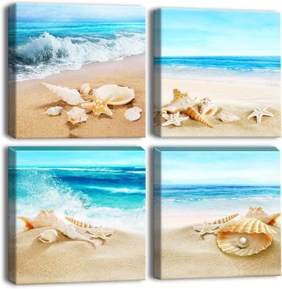 Set van 4 ingelijste canvas prints met moderne strand- en schelpafbeeldingen voor wanddecoratie