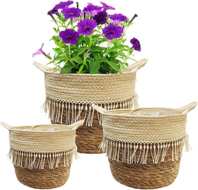 Bloemenmanden Set - Zeegras manden - Planten decoreren - Met handgrepen - 3 maten - Naturel