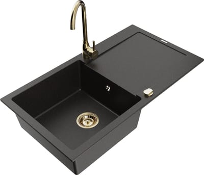 Mexen Leo granieten spoelbak met 1 bak, afdruiprek en Telma keukenmengkraan, zwart/gouden metallic - 6501-75-670200-50